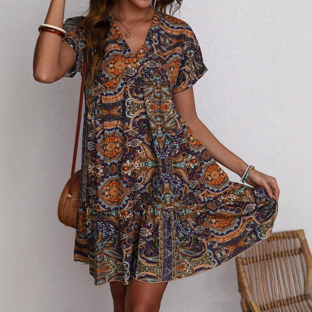 Women’s Printed V-Neck Vacation Dress