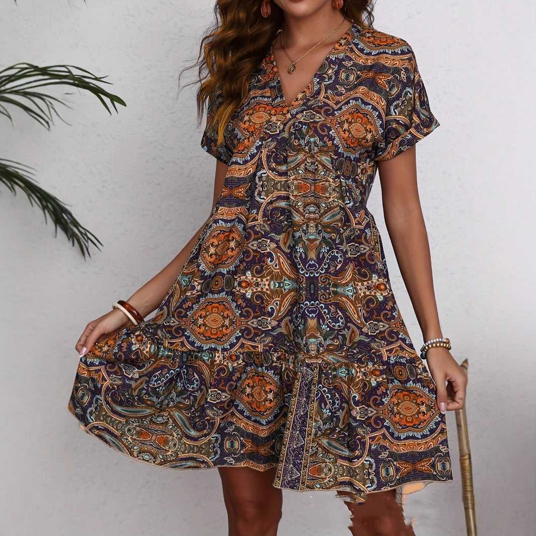 Women’s Printed V-Neck Vacation Dress