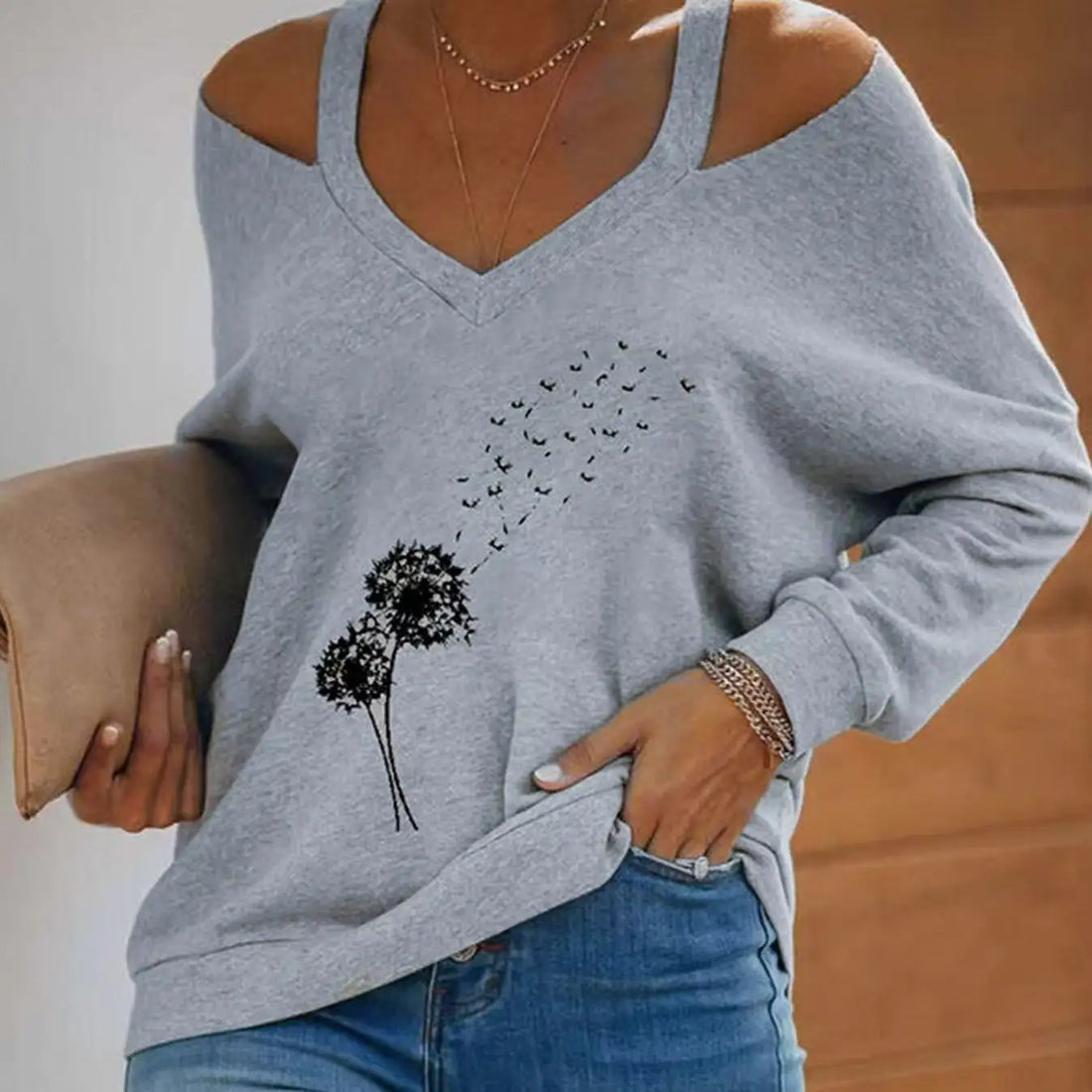 Women’s V-Neck Off-Shoulder Printed Long Sleeve Top