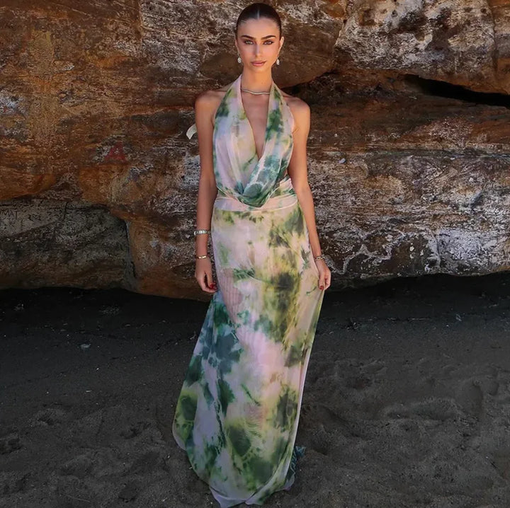 Tie Dye Halter Backless Maxi Dress Set