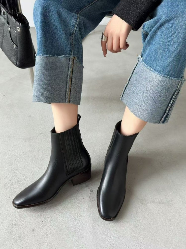 Women’s Retro Square-Toe Chunky Mid-Heel Boots