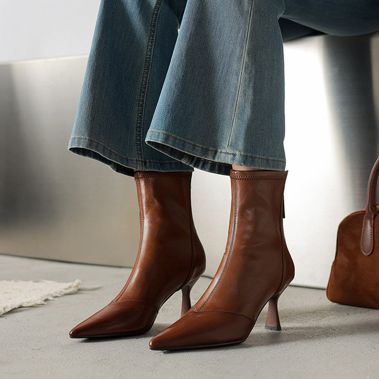 Women’s Cowhide Pointed-Toe Stiletto Ankle Boots