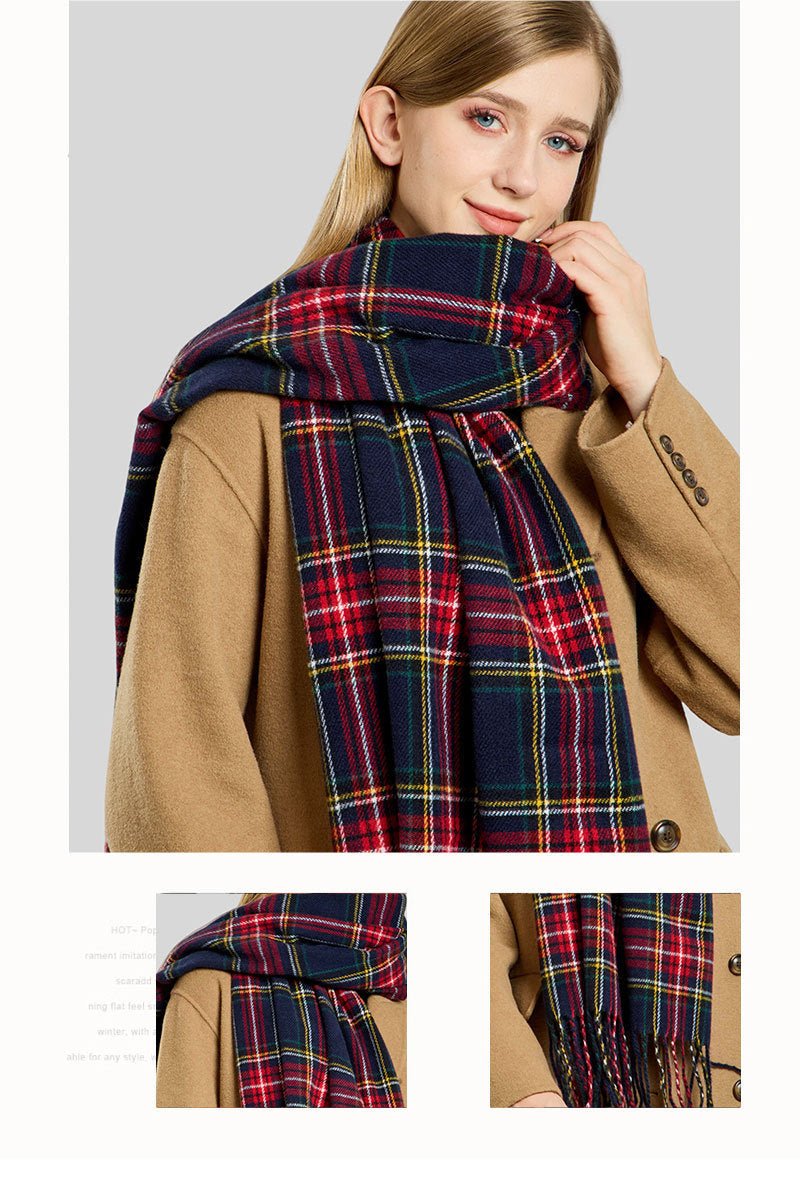 Plaid Fringe Faux Wool Scarf – Winter Warmth