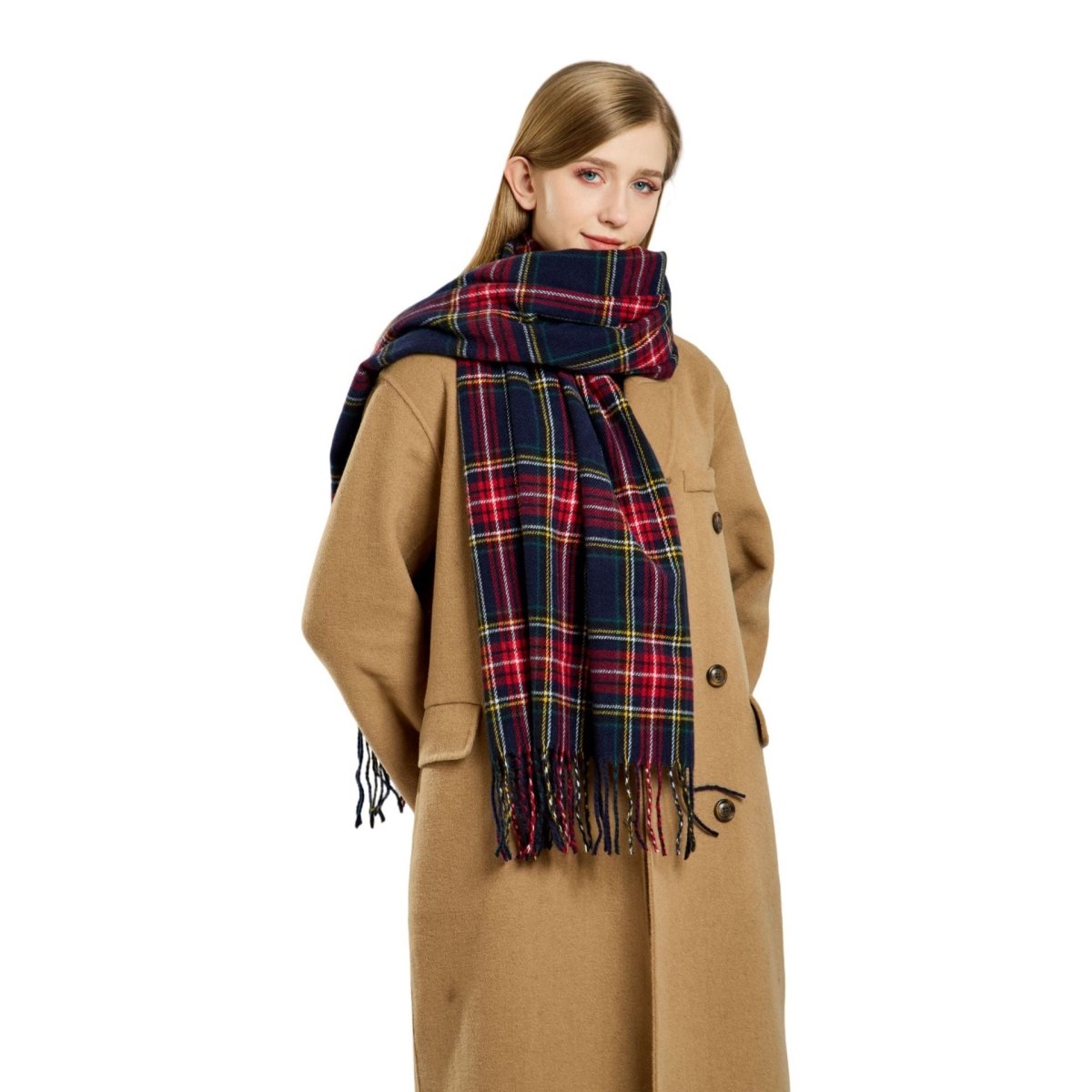 Plaid Fringe Faux Wool Scarf – Winter Warmth