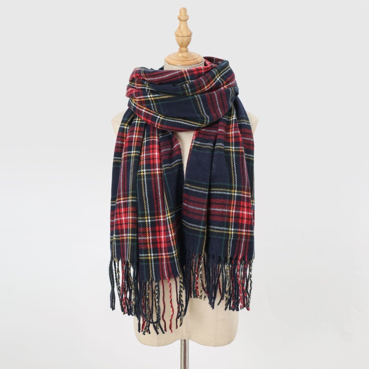 Plaid Fringe Faux Wool Scarf – Winter Warmth