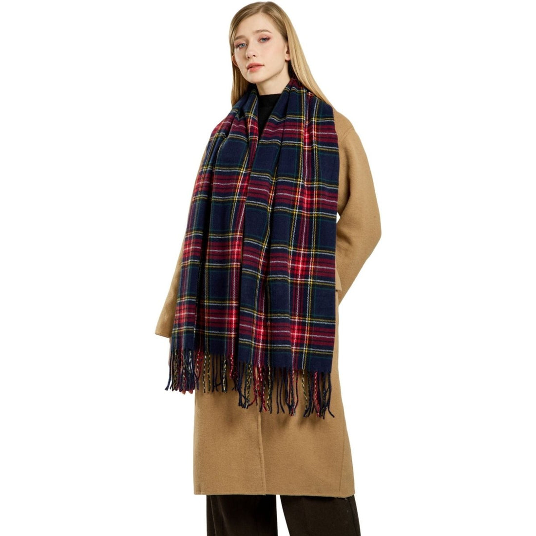 Plaid Fringe Faux Wool Scarf – Winter Warmth